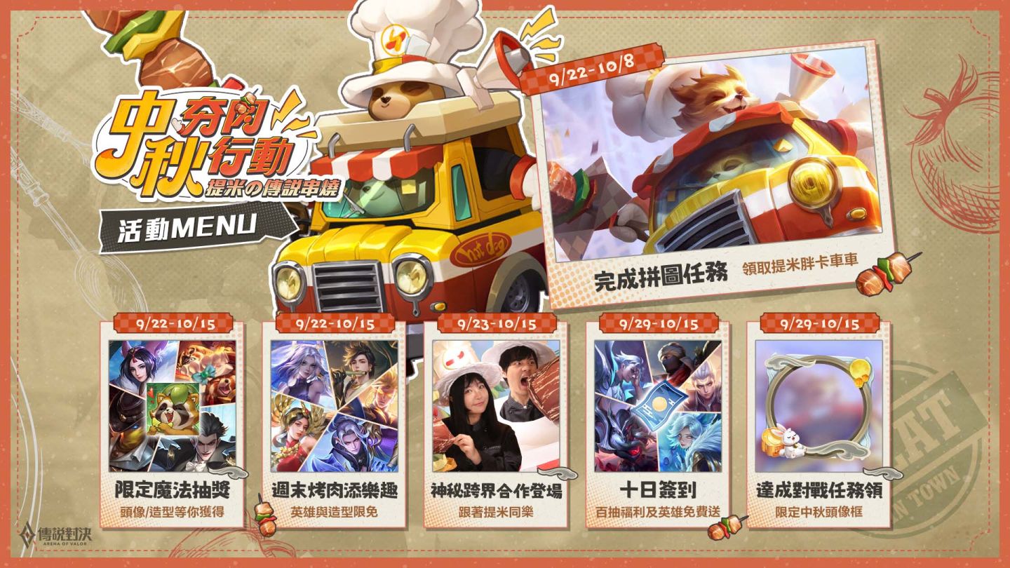 與玩家歡慶中秋《傳說對決》9/23「中秋夯肉行動」於大稻埕登場、「提米 胖卡車車」造型限時免費送！