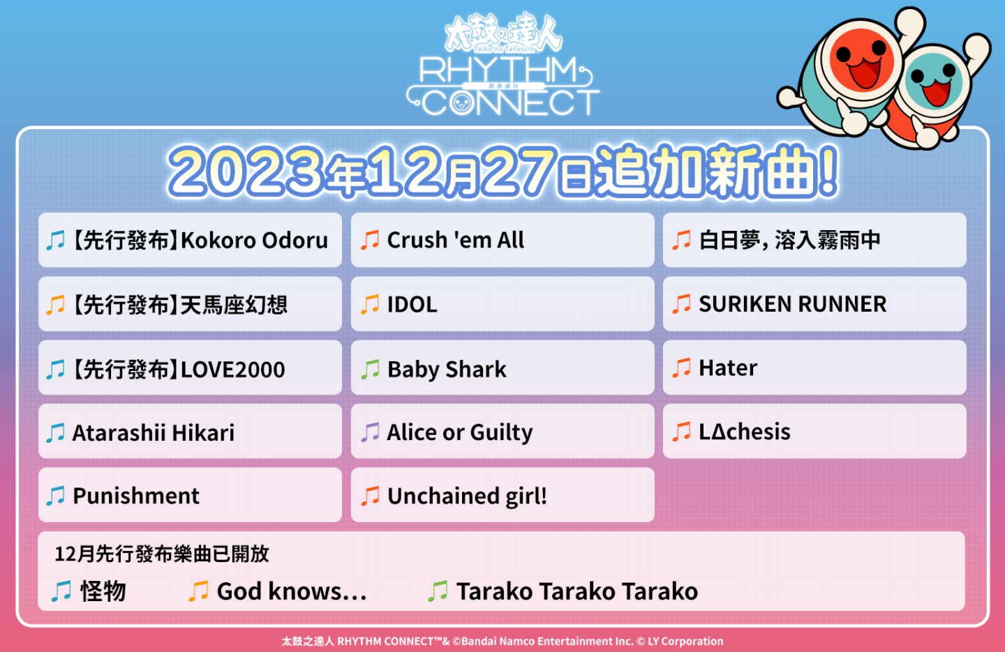 《太鼓之達人 RHYTHM CONNECT》新增〈IDOL〉、〈Alice or Guilty〉、 〈Baby Shark〉等熱門歌曲！