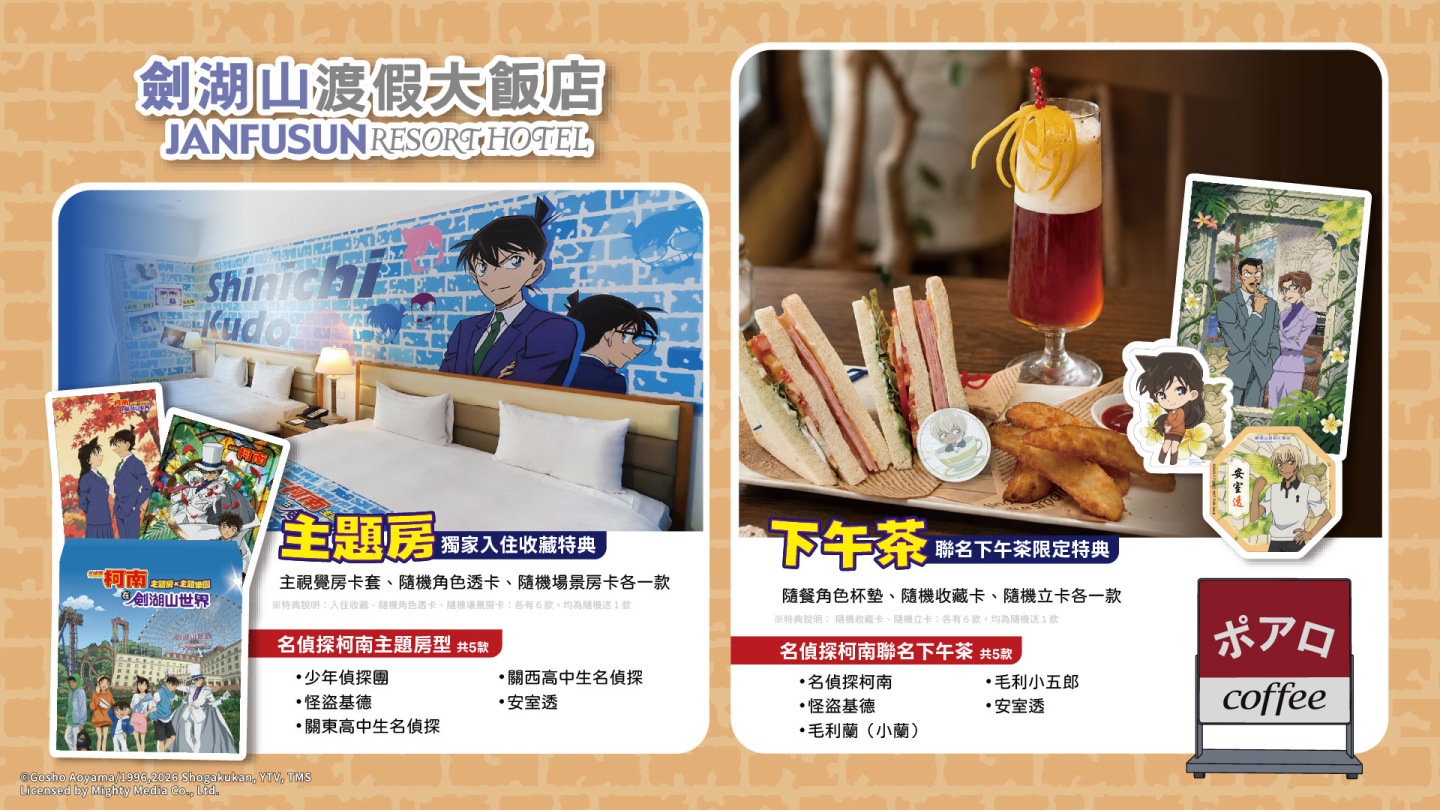 先前已推出且廣受粉絲喜愛的劍湖山渡假大飯店五款主題房與聯名下午茶,讓柯南旅程更加完整。