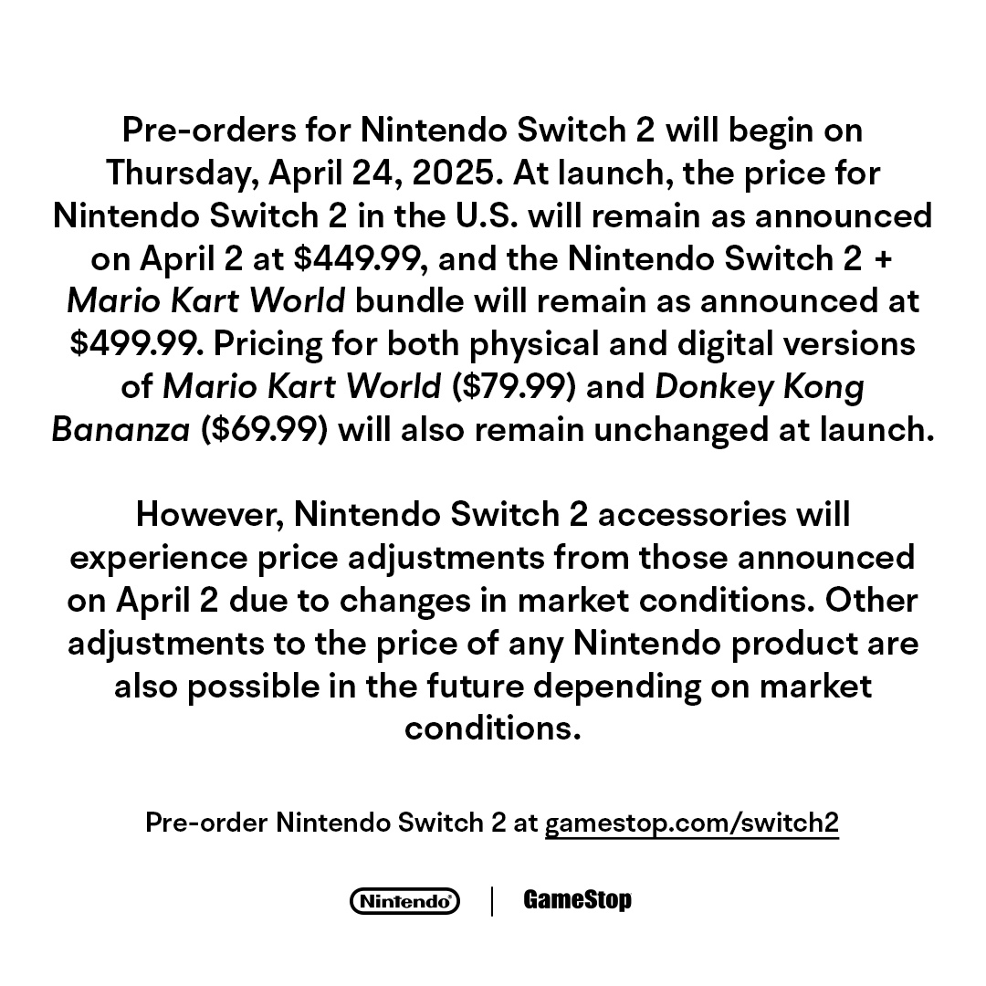 Nintendo Switch 2 美國預購預定 4/24 開始,主機遊戲穩住但配件漲了
